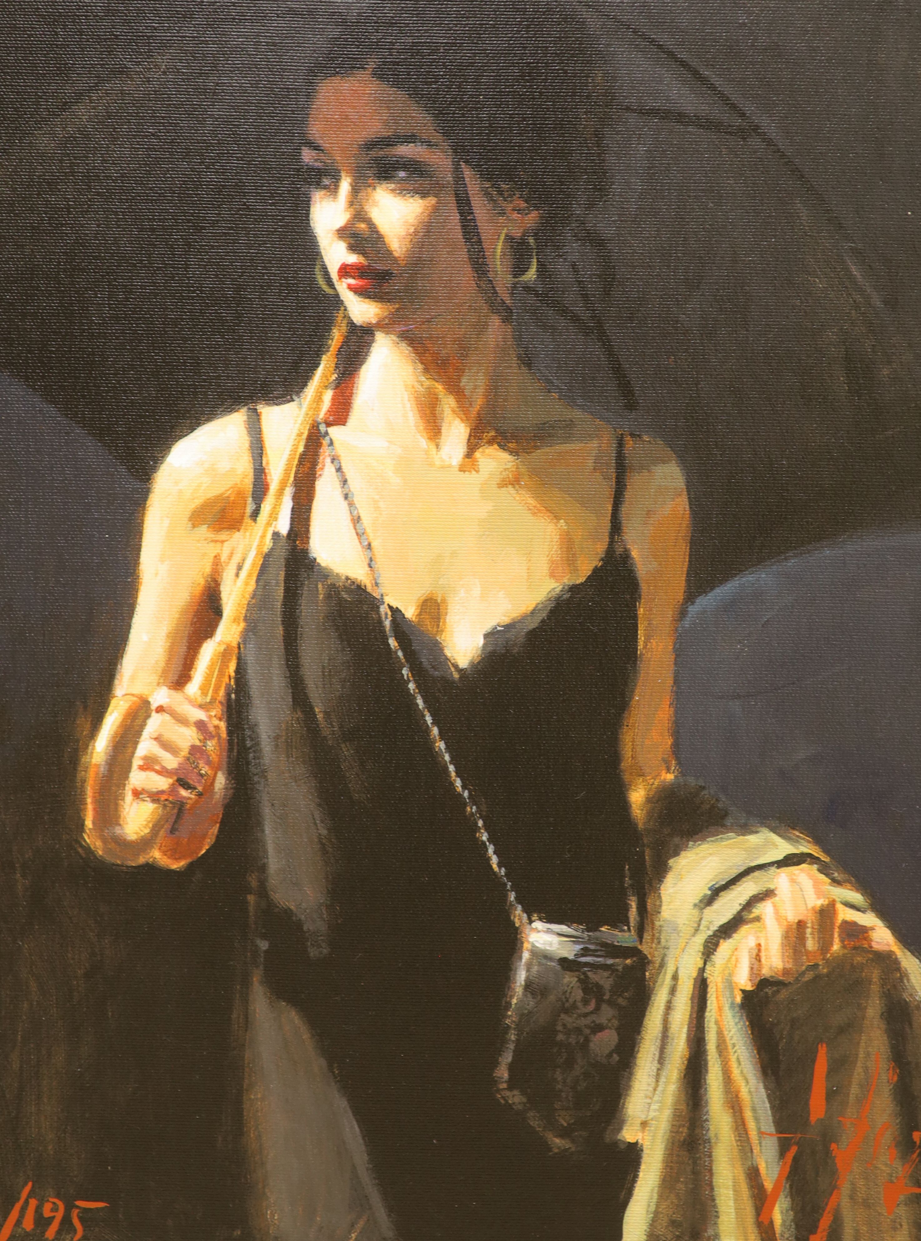 Fabian Perez, two hand embellished giclee canvases, Night Walk IV, 3/195 and Saba on the Stairs, ap 1/20, both with COA